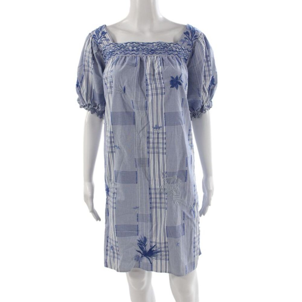 Johnny Was Women Shift Dress Blue Cotton Square Neck Short Sleeve Size L